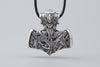 Thor’s Hammer with Wolves and Raven Silvered Bronze Pendant - Norse Wolves