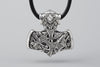 Thor’s Hammer with Wolves and Raven Silver Pendant - Norse Wolves