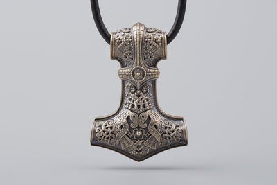 Thor’s Hammer with Hugin and Munin Ravens Bronze Pendant - Norse Wolves
