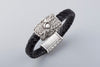 Black Leather Bracelet with Silvered Bronze Wolves Scoll and Hati