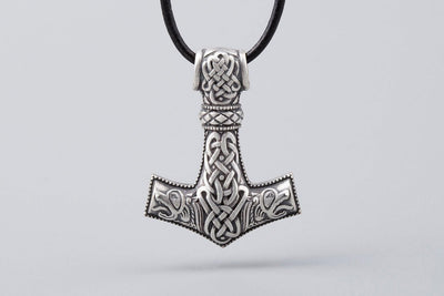 Thor’s Hammer with Geri and Freki Wolves Silvered Bronze Pendant (Small) - Norse Wolves