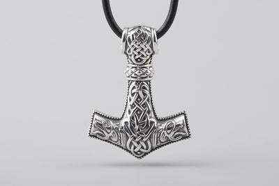 Thor’s Hammer with Geri and Freki Wolves Silver Pendant (Medium) - Norse Wolves