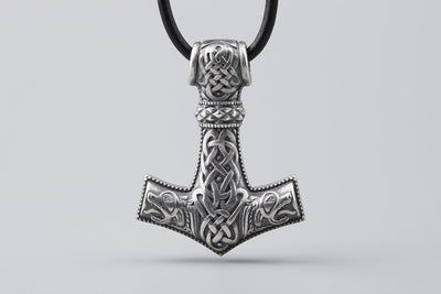 Thor’s Hammer with Geri and Freki Wolves Silvered Bronze Pendant (Big) - Norse Wolves