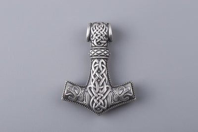Thor’s Hammer with Geri and Freki Wolves Silvered Bronze Pendant (Big) - Norse Wolves