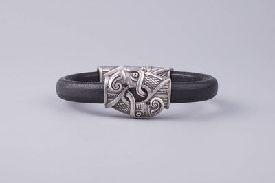 Black Leather Bracelet with Silvered Bronze Odin's Ravens - Norse Wolves