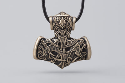 Thor’s Hammer with Wolves and Raven Bronze Pendant - Norse Wolves