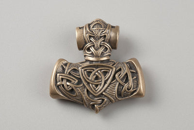 Thor’s Hammer with Wolves and Raven Bronze Pendant - Norse Wolves