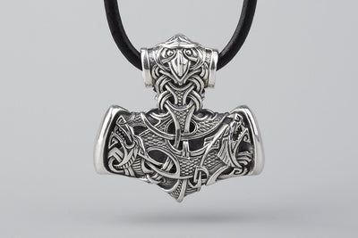 Thor’s Hammer with Wolves and Raven Silver Pendant - Norse Wolves