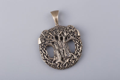 Tree of Life Yggdrasil with Odin's Ravens Bronze Pendant - Norse Wolves