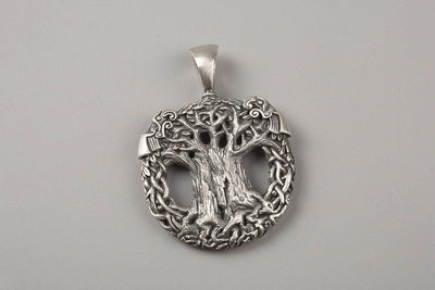 Tree of Life Yggdrasil with Odin's Ravens Silver Pendant - Norse Wolves