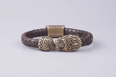 Brown Braided Leather Bracelet with Bronze Ouroboros - Norse Wolves