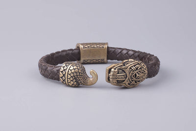 Brown Braided Leather Bracelet with Bronze Ouroboros - Norse Wolves