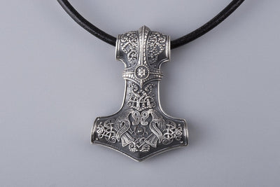 Thor’s Hammer with Hugin and Munin Ravens Silver Pendant - Norse Wolves