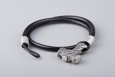 Leather Bracelet with Silvered Bronze Thor's Hammer