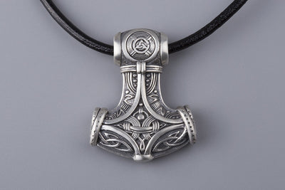 Thor’s Hammer with Odin and Ravens Silver Pendant - Norse Wolves