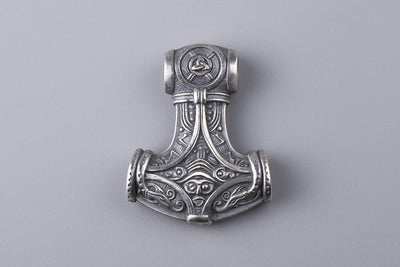 Thor’s Hammer with Odin and Ravens Silvered Bronze Pendant - Norse Wolves