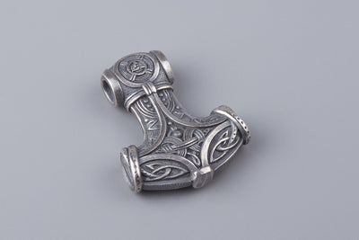 Thor’s Hammer with Odin and Ravens Silvered Bronze Pendant - Norse Wolves