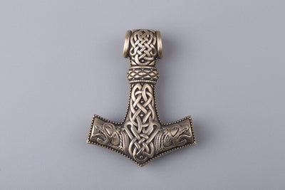 Thor’s Hammer with Geri and Freki Wolves Bronze Pendant (Big) - Norse Wolves