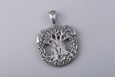 Tree of Life Yggdrasil with Odin's Ravens Silvered Bronze Pendant - Norse Wolves