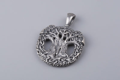 Tree of Life Yggdrasil with Odin's Ravens Silvered Bronze Pendant - Norse Wolves