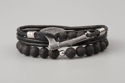 Set of Black Leather and Lava Bracelets with Silvered Bronze Axe - Norse Wolves