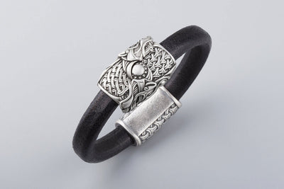 Black Leather Bracelet with Silvered Bronze Wolves Scoll and Hati - Norse Wolves