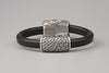 Black Leather Bracelet with Silvered Bronze Wolves Scoll and Hati - Norse Wolves