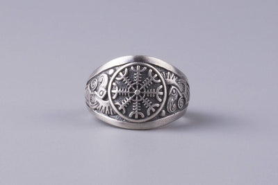 Helm of Awe Silvered Bronze Ring - Norse Wolves