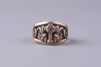 Thor's Hammer Bronze Ring - Norse Wolves