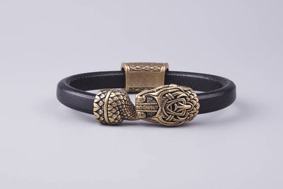 Black Leather Bracelet with Bronze Ouroboros - Norse Wolves
