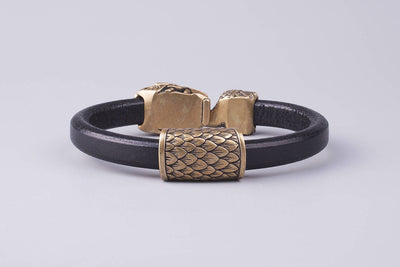 Black Leather Bracelet with Bronze Ouroboros - Norse Wolves