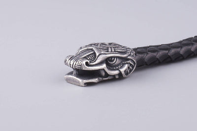 Black Braided Leather Bracelet with Silvered Bronze Ouroboros - Norse Wolves