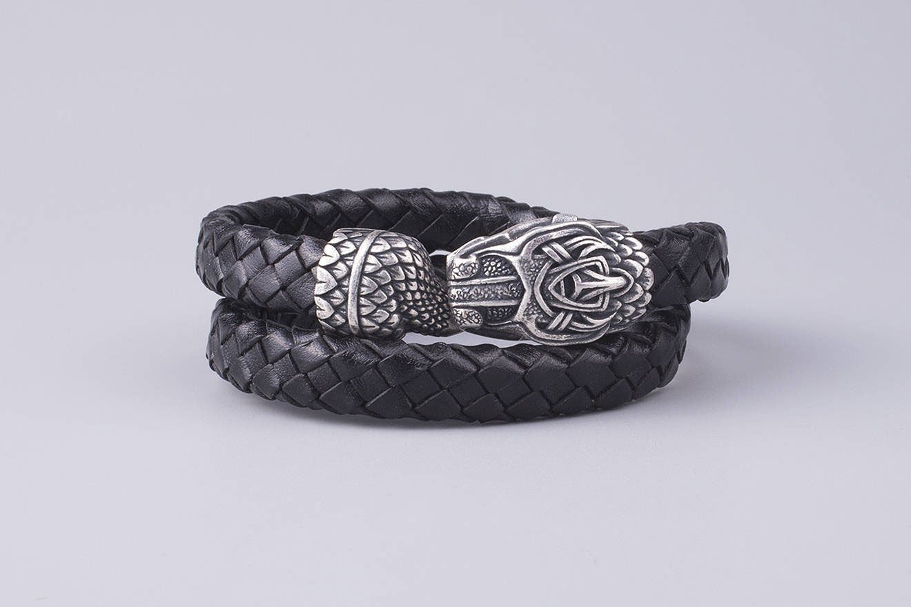 DRAGON Large Braided Leather Bracelet with Silver Dragon by King Baby