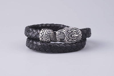 Black Braided Leather Bracelet with Silvered Bronze Ouroboros - Norse Wolves