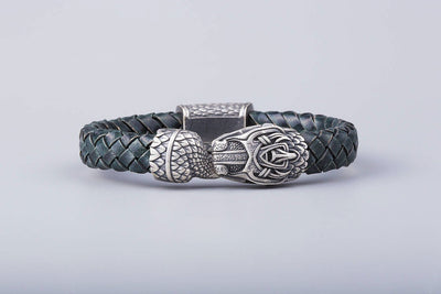 Green Braided Leather Bracelet with Silvered Bronze Ouroboros - Norse Wolves