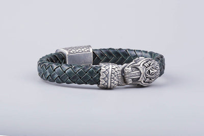Green Braided Leather Bracelet with Silvered Bronze Ouroboros - Norse Wolves