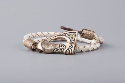 Leather Bracelet with Bronze Big Axe - Norse Wolves