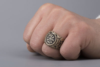 Vegvisir and Jormungand Bronze Ring - Norse Wolves