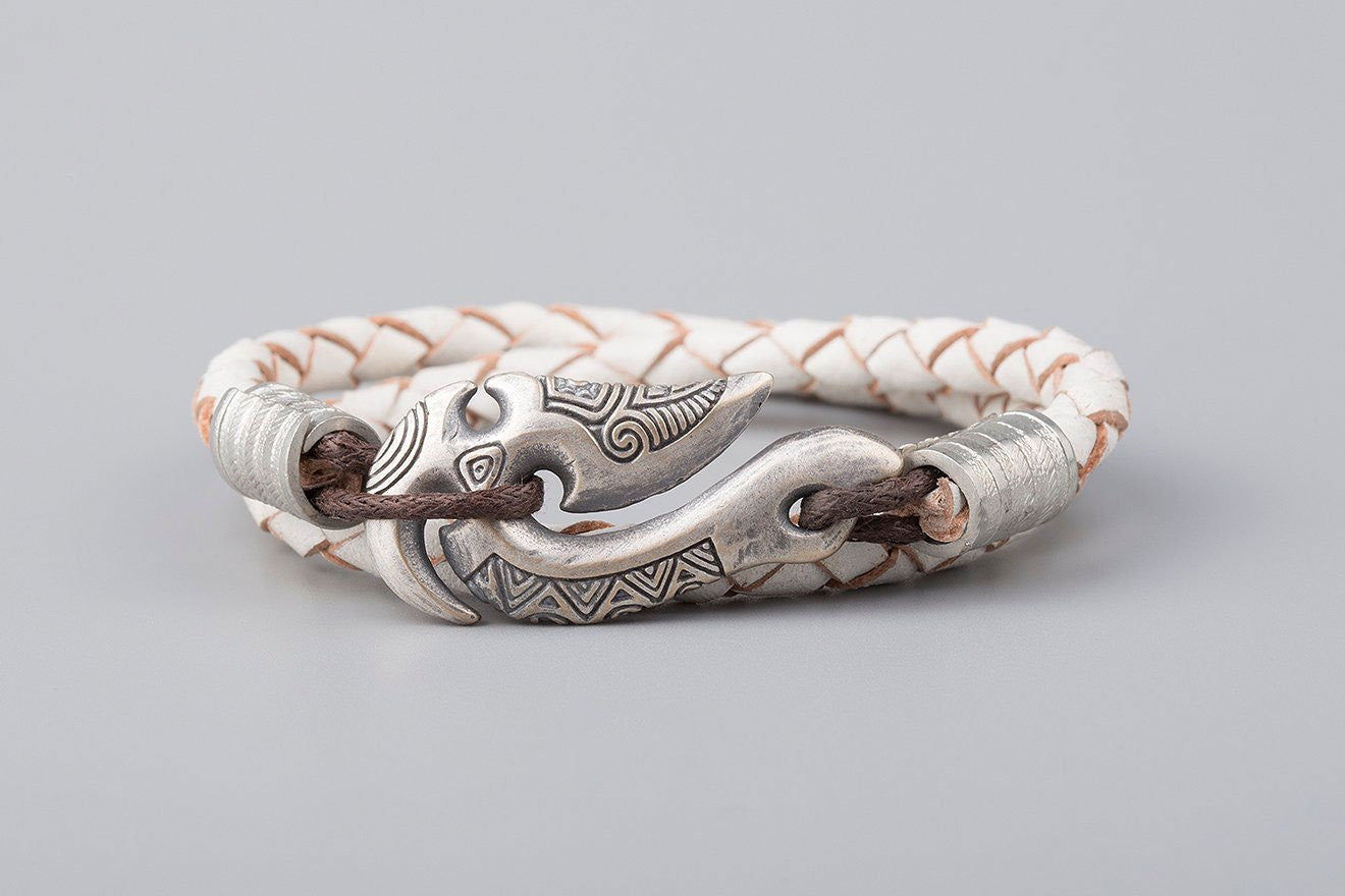 Leather Bracelet with Maori Silver Plated Bronze Hook Hei Matau