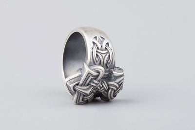 Thor's Hammer Mjolnir Silvered Bronze Ring - Norse Wolves