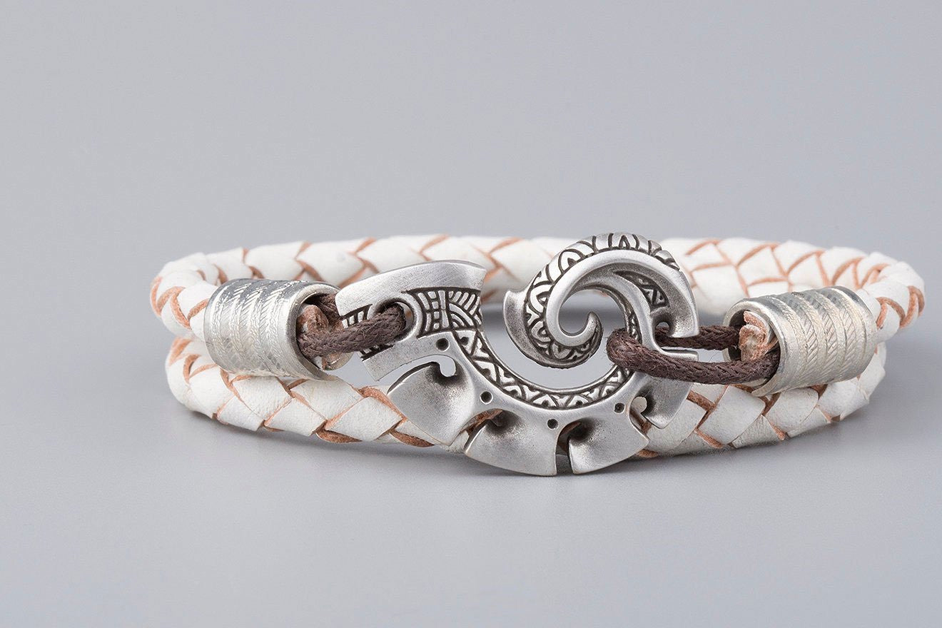 Leather Bracelet with Maori Silver Plated Bronze Fish Hook Hei Matau