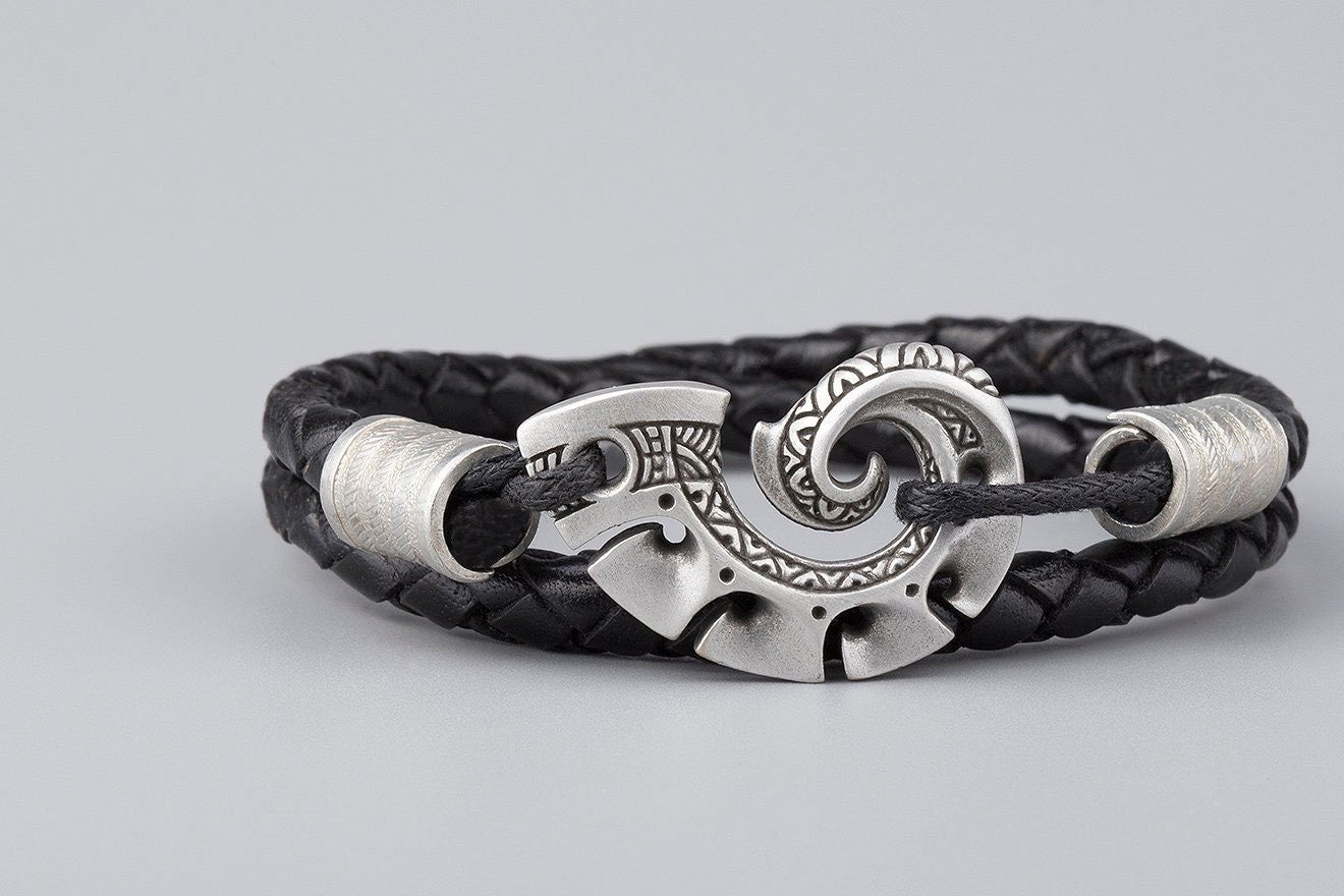 Leather Bracelet with Maori Silver Plated Bronze Fish Hook Hei Matau