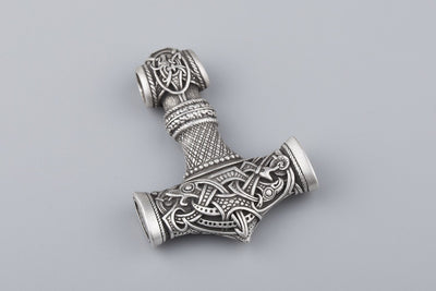 Thor’s Hammer Mjolnir Large Silvered Bronze Pendant - Norse Wolves