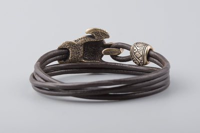Leather Bracelet with Maori Bronze Turtle - Norse Wolves
