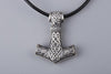 Thor’s Hammer with Geri and Freki Wolves Silver Pendant (Small) - Norse Wolves