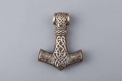 Thor’s Hammer with Geri and Freki Wolves Bronze Pendant (Small) - Norse Wolves