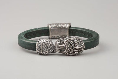Green Leather Bracelet with Silvered Bronze Ouroboros - Norse Wolves