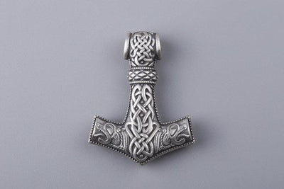 Thor’s Hammer with Geri and Freki Wolves Silvered Bronze Pendant (Medium) - Norse Wolves
