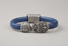 Blue Leather Bracelet with Silvered Bronze Ouroboros - Norse Wolves