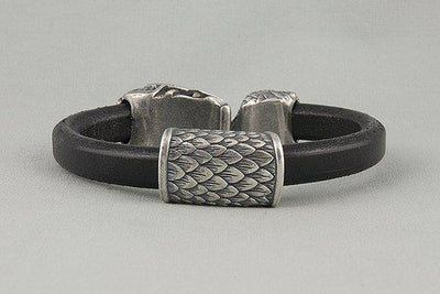 Black Leather Bracelet with Silvered Bronze Ouroboros - Norse Wolves